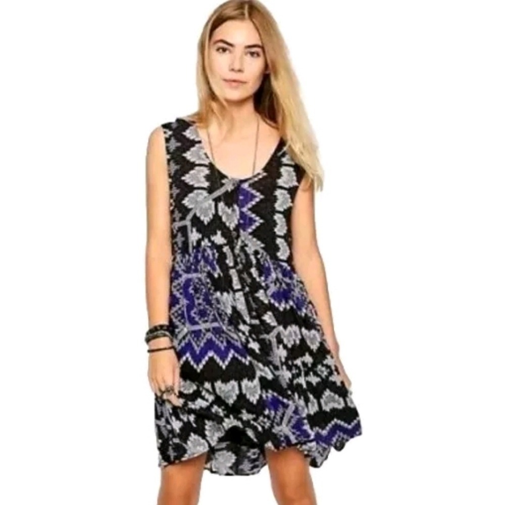 Free People‎ Black Combo Geometric Zig Zag Babydoll Mini Dress F021Y899 XS NEW